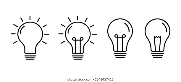 Lampensymbolsatz, Lampensymbolsatz im Linienstil. Ideensymbol. Elektrische Lampe, Vektorgrafik. Piktogramm für Glanzlichter. Elektrisches Vorzeichen.