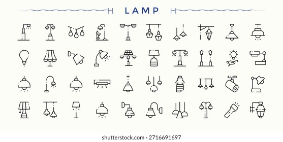 Ícone de lâmpada definido. Ícones lineares modernos. Inclui linha fina símbolos bulbo, eletricidade, ideia, iluminação, holofote. Arte e ilustração. Ícone Luz e lâmpada definido.