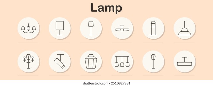 Lamp icon set. Various lighting symbols including ceiling, table, and street lamps for interior design, home decor, and outdoor lighting purposes