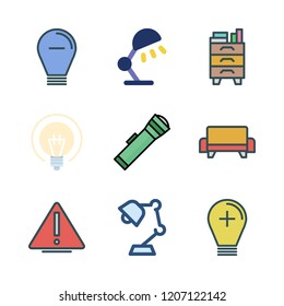 lamp icon set. vector set about desk lamp, sofa, warning and lantern icons set.