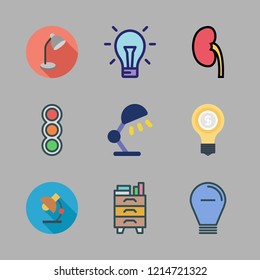 lamp icon set. vector set about desk lamp, nightstand, traffic lights and light bulb icons set.
