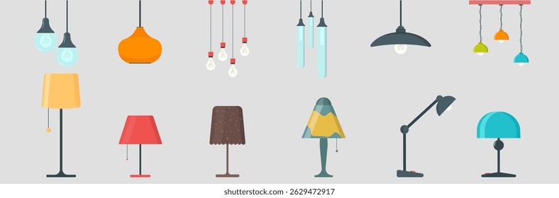 Lamp icon set with vintage desk and modern table light for home or office interior flat design illustration with electric bulb illumination equipment furniture and retro decor concept

