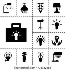 Lamp icons. set of 13 editable filled lamp icons such as traffic light, bulb, bulb in hand