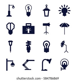 lamp icons set. Set of 16 lamp filled icons such as bulb, studio umbrella, studio lapm, bulb with dollar