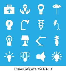 Lamp icons set. set of 16 lamp filled icons such as bulb, traffic light, bulb heart, studio umbrella