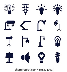 Lamp icons set. set of 16 lamp filled icons such as bulb, traffic light, bulb heart, studio umbrella, studio lapm