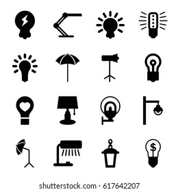 Lamp icons set. set of 16 lamp filled icons such as bulb, bulb heart, studio umbrella