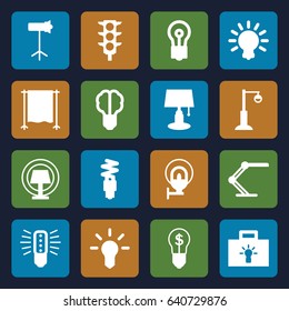 Lamp icons set. set of 16 lamp filled icons such as bulb, traffic light, studio lapm, studio curtain, bulb with dollar