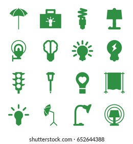 Lamp icons set. set of 16 lamp filled icons such as traffic light, bulb heart, studio umbrella, studio curtain, bulb