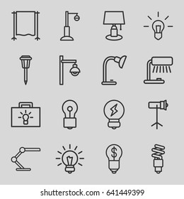 Lamp icons set. set of 16 lamp outline icons such as bulb, studio lapm, studio curtain