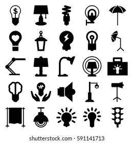 lamp icons set. Set of 25 lamp filled icons such as bulb, traffic light, bulb heart, studio umbrella, studio lapm