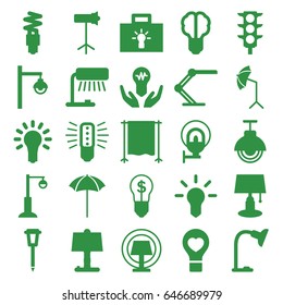 Lamp icons set. set of 25 lamp filled icons such as traffic light, bulb heart, studio umbrella, studio lapm, studio curtain