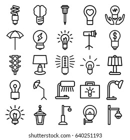 Lamp icons set. set of 25 lamp outline icons such as bulb, traffic light, bulb heart, studio umbrella