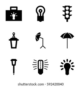 lamp icons set. Set of 9 lamp filled icons such as bulb, street lamp, traffic light, studio umbrella