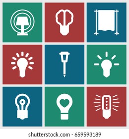 Lamp icons set. set of 9 lamp filled icons such as bulb, bulb heart