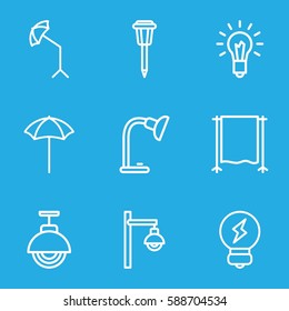 lamp icons set. Set of 9 lamp outline icons such as studio umbrella, studio curtain, light bulb