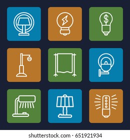 Lamp icons set. set of 9 lamp outline icons such as studio curtain, bulb