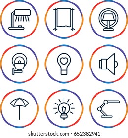 Lamp icons set. set of 9 lamp outline icons such as bulb heart, studio umbrella, studio curtain