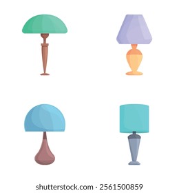 Lamp icons set cartoon vector. Table torchere with various lampshade. Home illumination and decor element