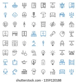 lamp icons set. Collection of lamp with candelabra, sofa, desk, idea, office, desk chair, bunk, tv table, room, creative, magic lamp, sticky note. Editable and scalable icons.