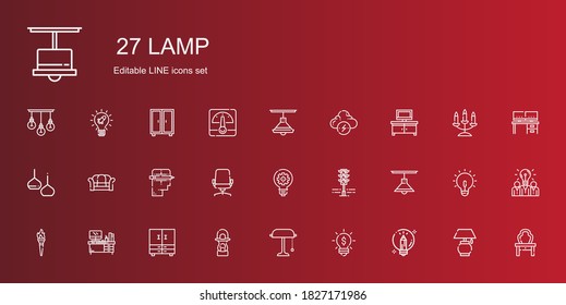 lamp icons set. Collection of lamp with creative, idea, desk lamp, lantern, closet, desk, torch, traffic light, desk chair, sofa, light, tv table. Editable and scalable icons.