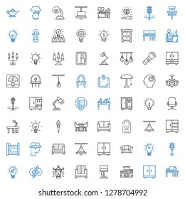 lamp icons set. Collection of lamp with desk, closet, office, sofa, oil lamp, brainstorming, idea, traffic light, creative, bunk, room, furniture. Editable and scalable lamp icons.