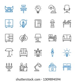 lamp icons set. Collection of lamp with desk, candelabra, idea, torch, oil lamp, sofa, desk brainstorming, closet, lantern, creative, desk chair. Editable and scalable icons.