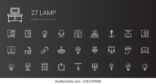 lamp icons set. Collection of lamp with idea, candelabra, sticky note, nightstand, office chair, chandelier, flashlight, desk, closet, street lamp. Editable and scalable lamp icons.