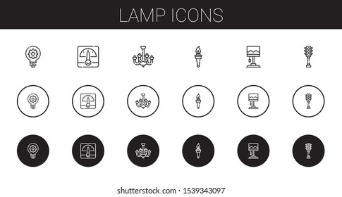 lamp icons set. Collection of lamp with idea, voltmeter, chandelier, torch, traffic light. Editable and scalable lamp icons.