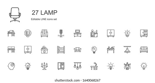 Lamp Icons Set. Collection Of Lamp With Idea, Desk, Closet, Candelabra, Bulb, Sofa, Bunk, Tv Table, Oil Lamp, Traffic Light, Light Bulb, Desk Chair. Editable And Scalable Icons.