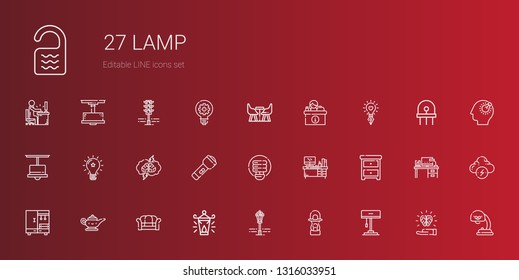 lamp icons set. Collection of lamp with lantern, street lamp, oil sofa, magic closet, nightstand, desk, light bulb, flashlight, brainstorming. Editable and scalable icons.