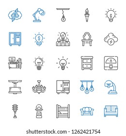 lamp icons set. Collection of lamp with sofa, bunk, lantern, traffic light, closet, chandelier, voltmeter, nightstand, idea, desk, brainstorm. Editable and scalable lamp icons.