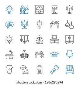 lamp icons set. Collection of lamp with sofa, flashlight, room, desk chair, desk, chandelier, closet, tv table, idea, ideas, light, candelabra. Editable and scalable lamp icons.