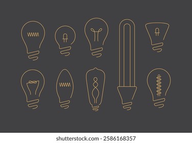 Lamp icons set drawing in flat line style on black background.