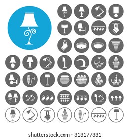 Lamp icons set. Table lamp, desk lamp, floor lamp, modern table lamp, ceiling fixture, ceiling fan, track lights, chandeliers. Illustration EPS10