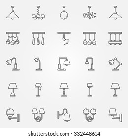 Lamp icons set - vector linear symbols of torchere, bra, chandelier or logo elements