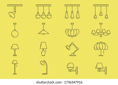 Lamp Icons set - Vector outline symbols of home light for the site or interface