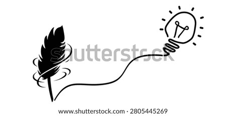 Lamp idea. bird feathers for a pen and ink. Light feathers silhouette. Bird feather with a slender, slightly curved shaft and sharply tapering barbs. The feather appears light. Light bulb ideas