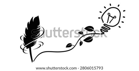 Lamp idea. bird feathers for a pen and ink. Light feathers silhouette. Bird feather with a slender, slightly curved shaft and sharply tapering barbs. The feather appears light. Light bulb ideas