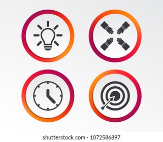 Lamp idea and clock time icons. Target aim sign. Darts board with arrow. Teamwork symbol. Infographic design buttons. Circle templates. Vector