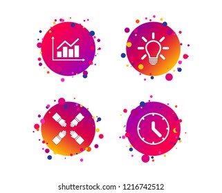 Lamp idea and clock time icons. Graph chart diagram sign. Teamwork symbol. Gradient circle buttons with icons. Random dots design. Vector