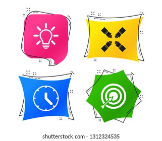 Lamp idea and clock time icons. Target aim sign. Darts board with arrow. Teamwork symbol. Geometric colorful tags. Banners with flat icons. Trendy design. Vector