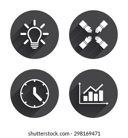 Lamp idea and clock time icons. Graph chart diagram sign. Teamwork symbol. Circles buttons with long flat shadow. Vector