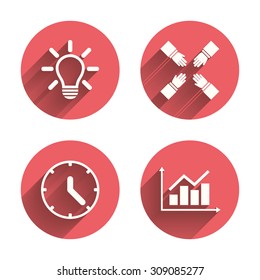Lamp idea and clock time icons. Graph chart diagram sign. Teamwork symbol. Pink circles flat buttons with shadow. Vector