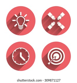 Lamp idea and clock time icons. Target aim sign. Darts board with arrow. Teamwork symbol. Pink circles flat buttons with shadow. Vector
