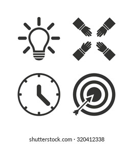 Lamp idea and clock time icons. Target aim sign. Darts board with arrow. Teamwork symbol. Flat icons on white. Vector