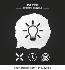 Lamp idea and clock time icons. Target aim sign. Darts board with arrow. Teamwork symbol. Paper speech bubble with icon.