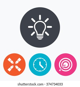 Lamp idea and clock time icons. Target aim sign. Darts board with arrow. Teamwork symbol. Circle flat buttons with icon.