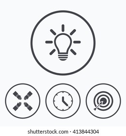 Lamp idea and clock time icons. Target aim sign. Darts board with arrow. Teamwork symbol. Icons in circles.
