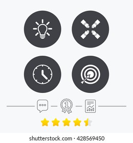Lamp idea and clock time icons. Target aim sign. Darts board with arrow. Teamwork symbol. Chat, award medal and report linear icons. Star vote ranking. Vector